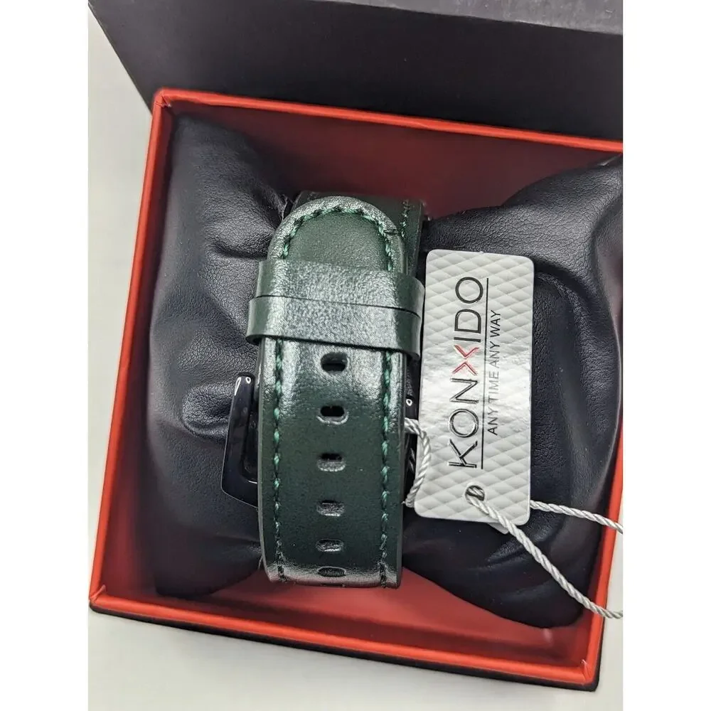 KONXIDO Mens Black Green Leather Band Analog Quartz Watch KX63003